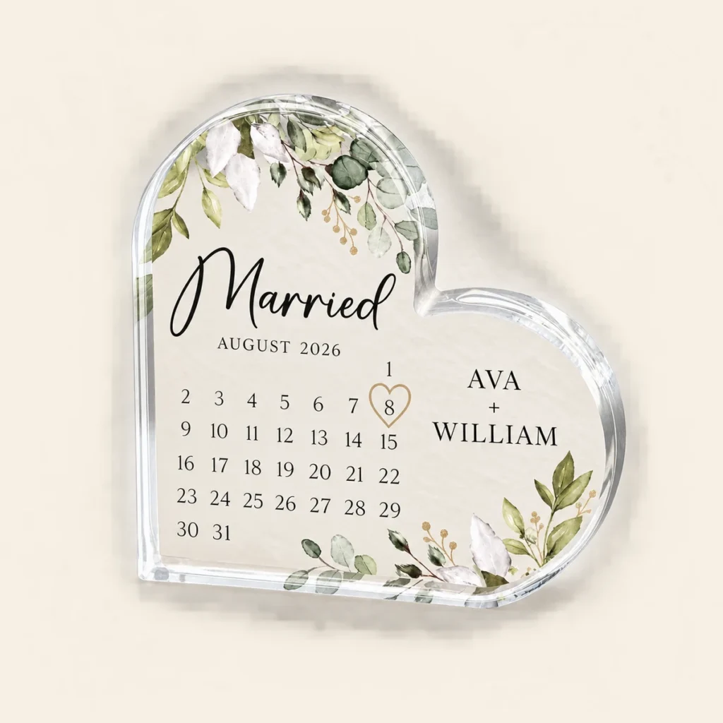 August 2026 acrylic wedding plaque for Ava and William highlighting 8 August