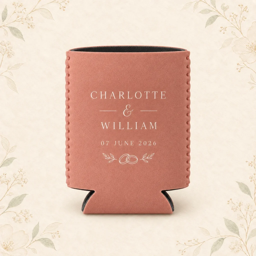 Blush personalized wedding can cooler for Charlotte and William
