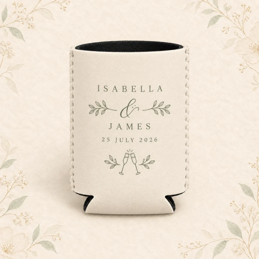 Ivory personalized wedding can cooler for Isabella and James