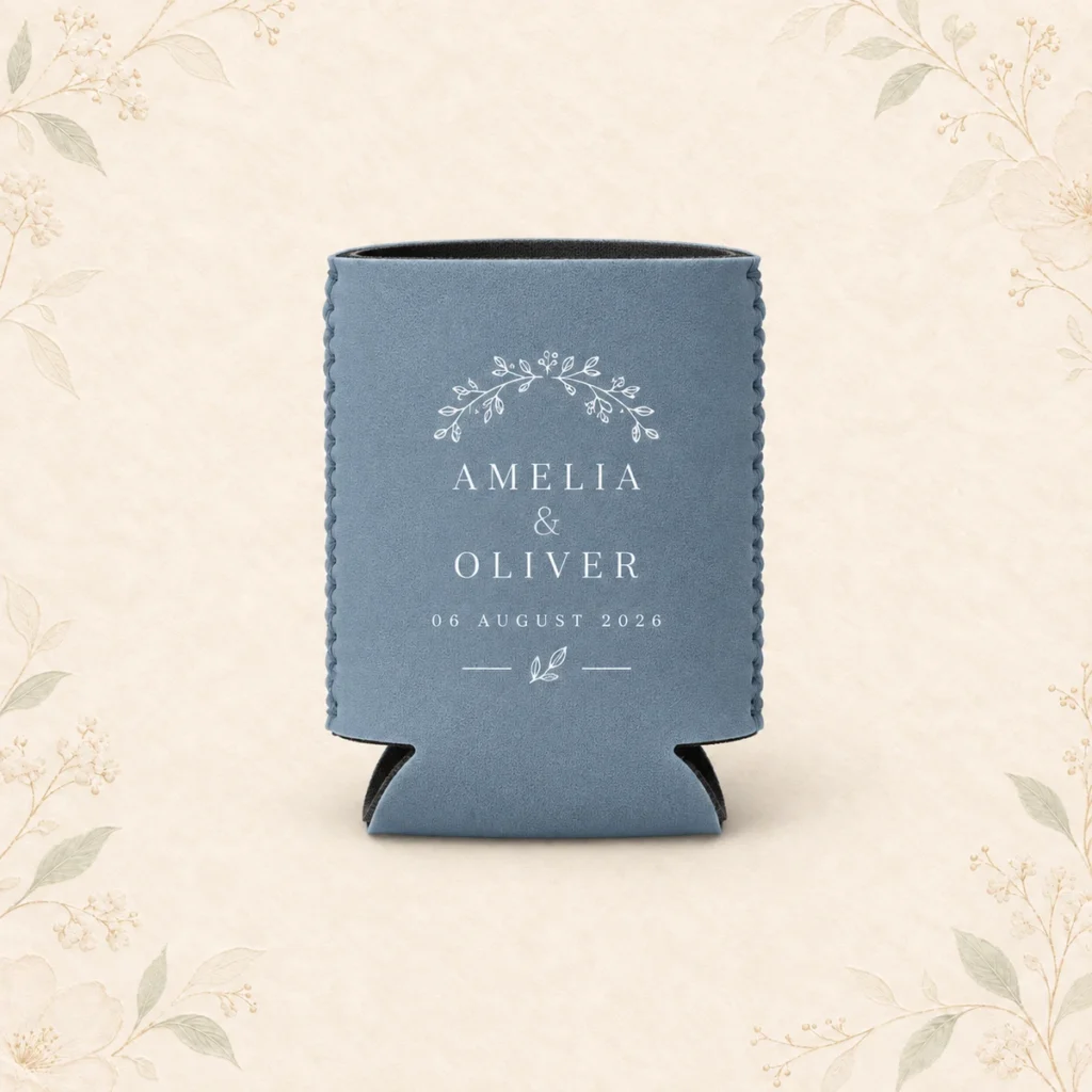 Dusty blue personalized wedding can cooler for Amelia and Oliver