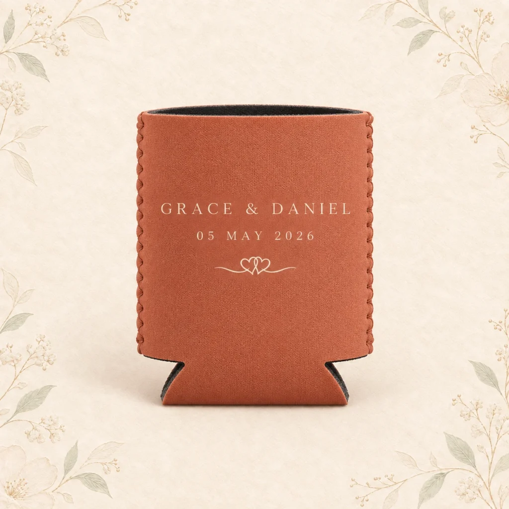 Terracotta personalized wedding can cooler for Grace and Daniel