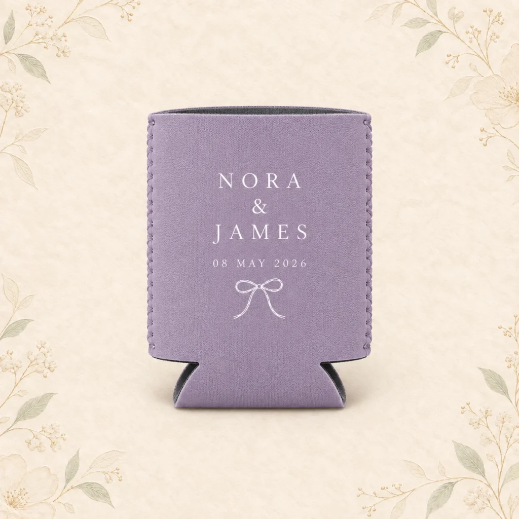Lavender personalized wedding can cooler for Nora and James