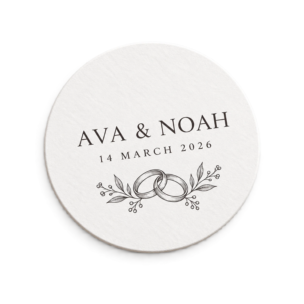 Round personalized wedding coaster for Ava and Noah