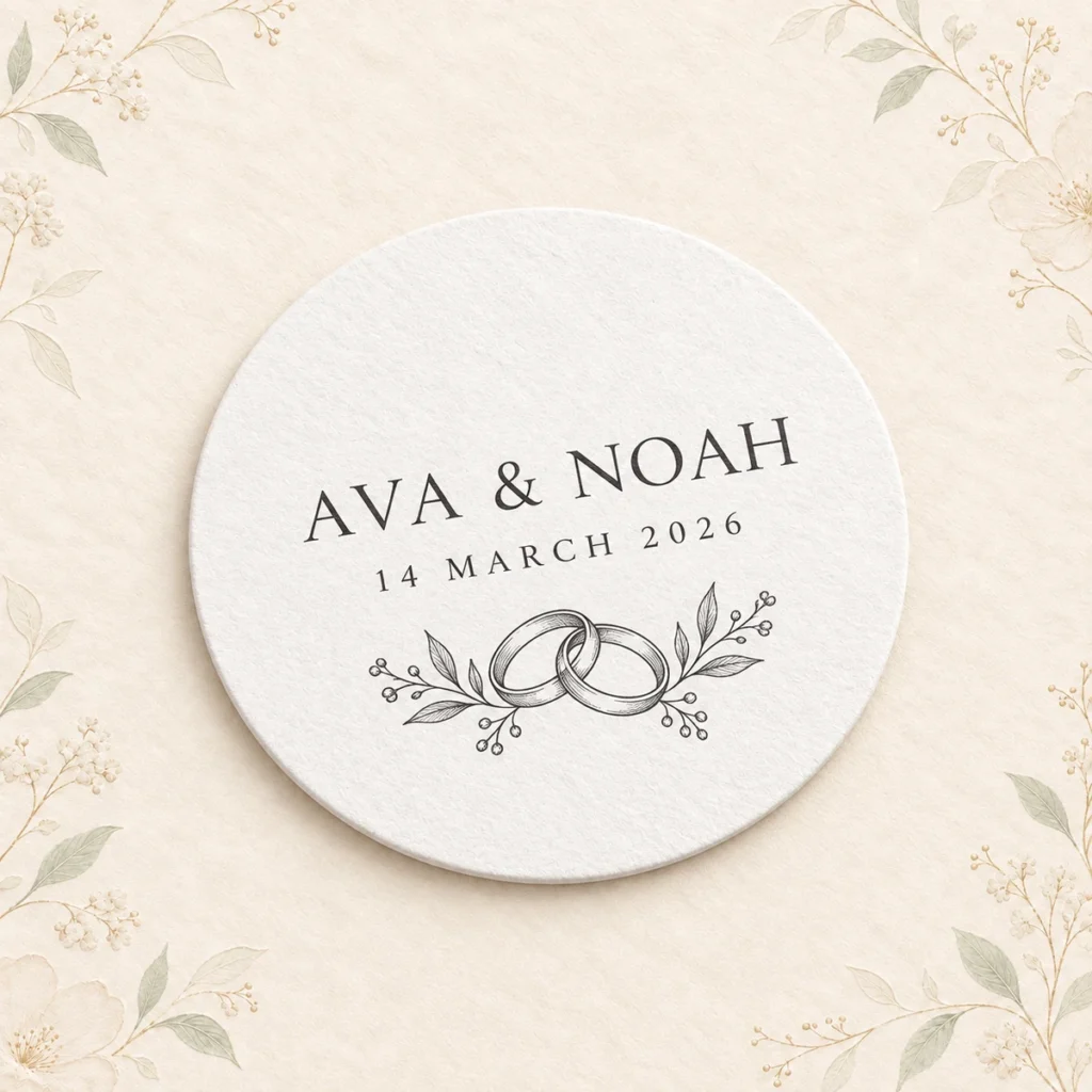 Round personalized wedding coaster for Ava and Noah