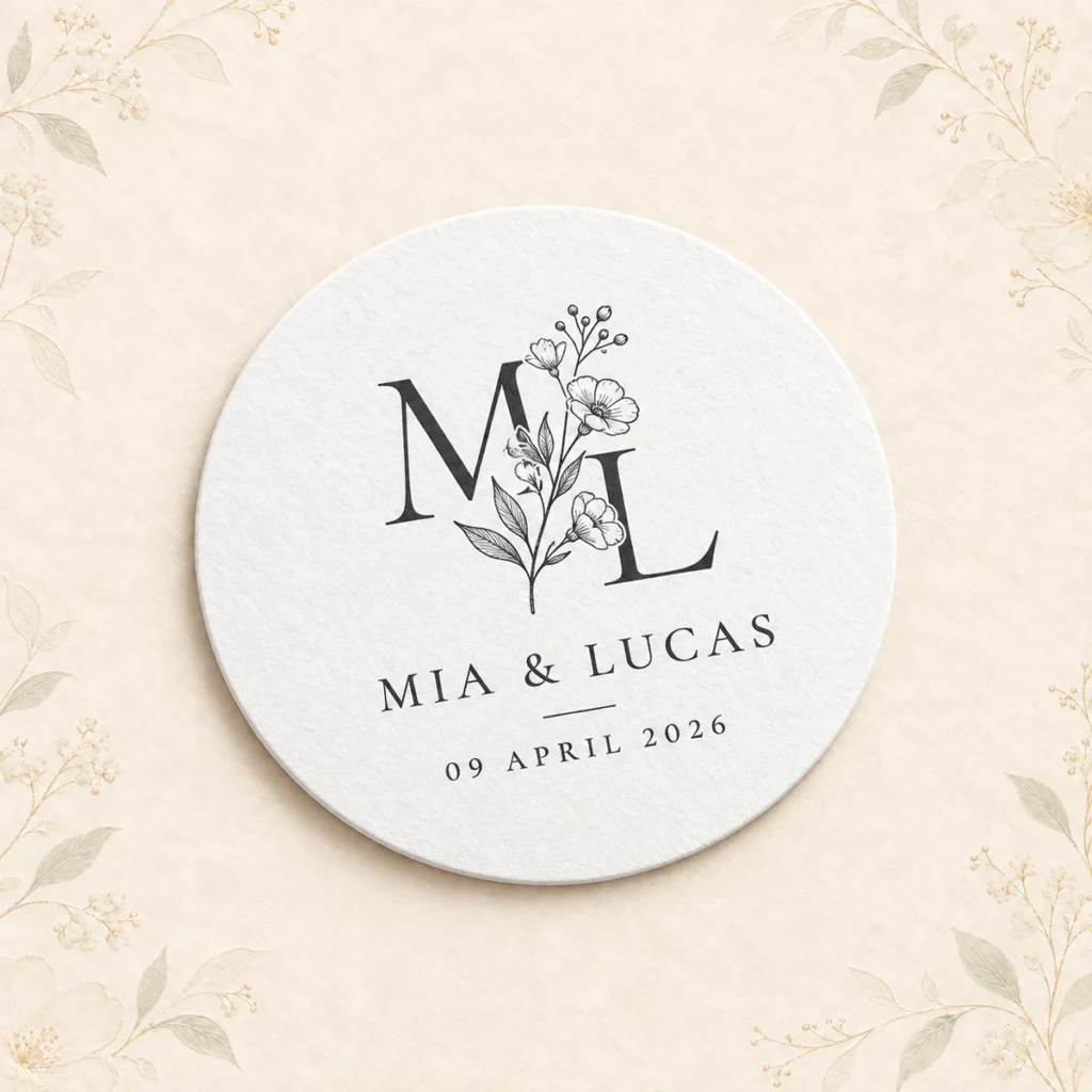 Round monogram wedding coaster for Mia and Lucas