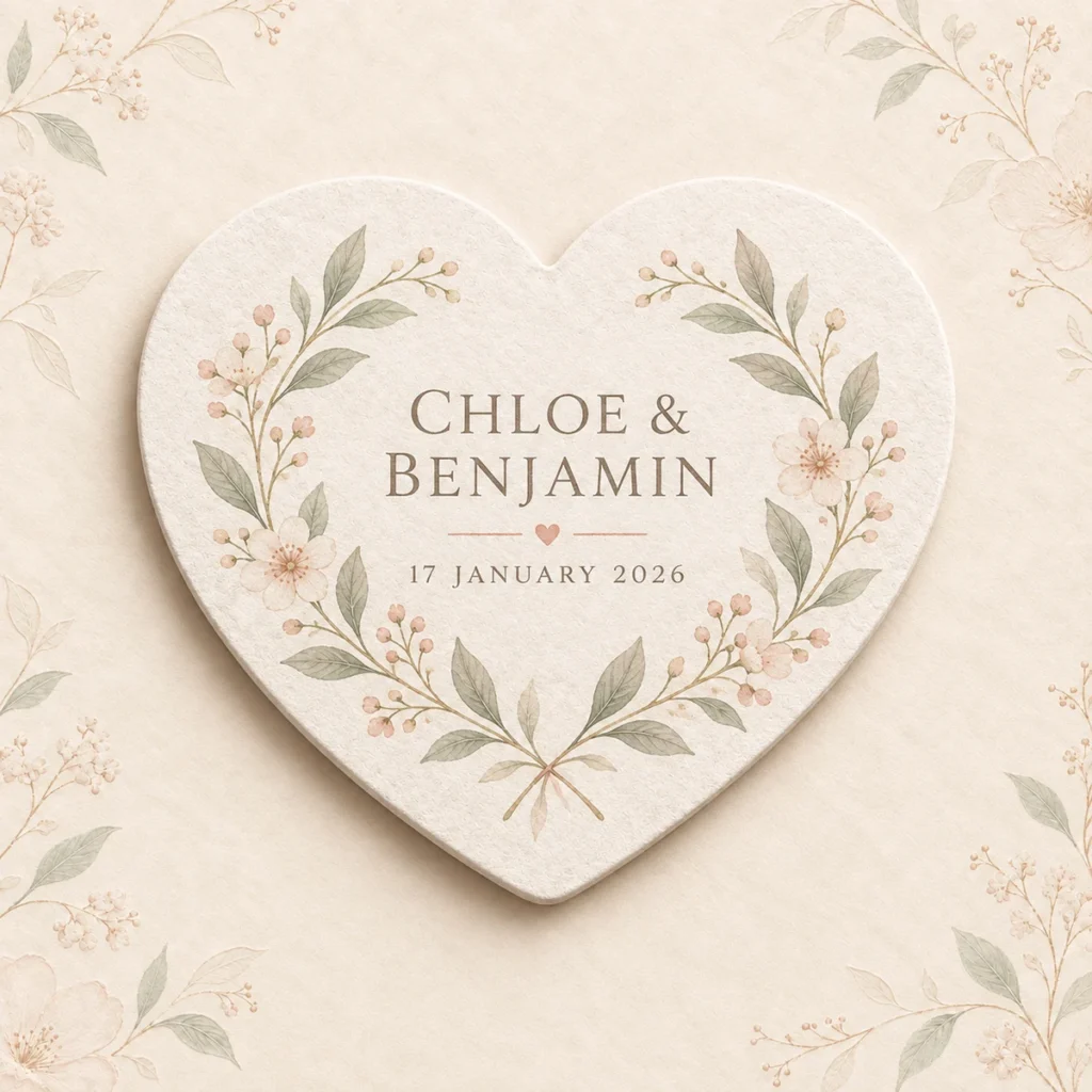 Heart-shaped wedding coaster for Chloe and Benjamin