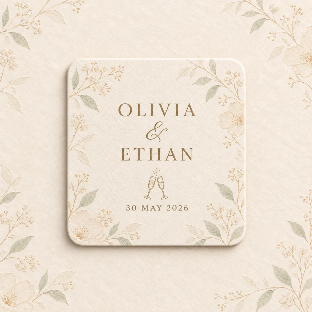 Square personalized wedding coaster for Olivia and Ethan