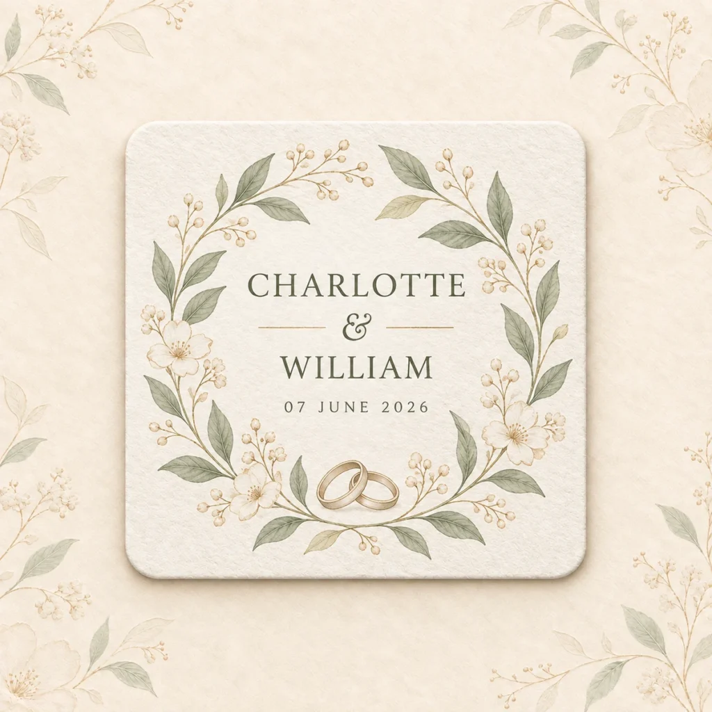 Square personalized wedding coaster for Charlotte and William
