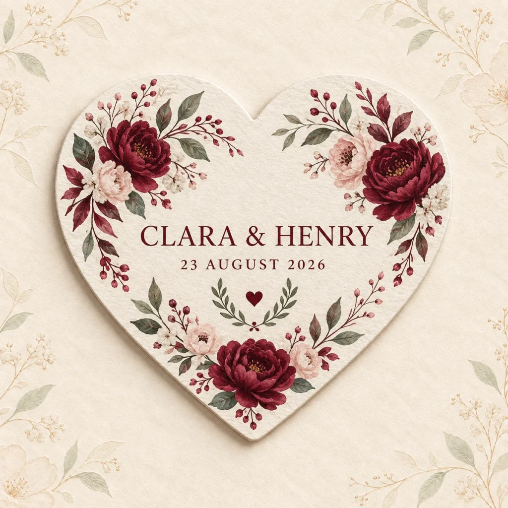 Heart-shaped personalized wedding coaster for Clara and Henry