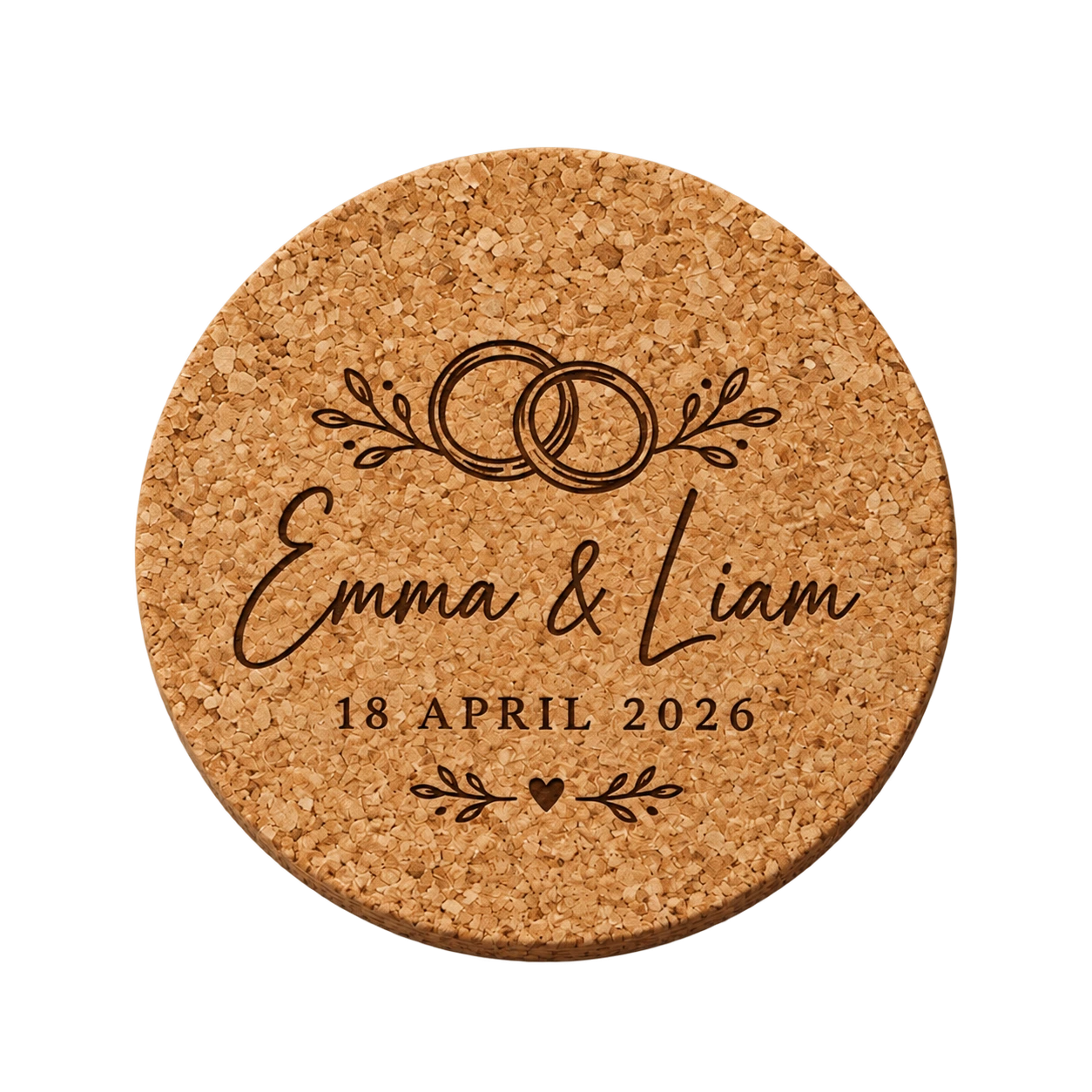 Round cork coaster for Emma and Liam dated 18 April 2026