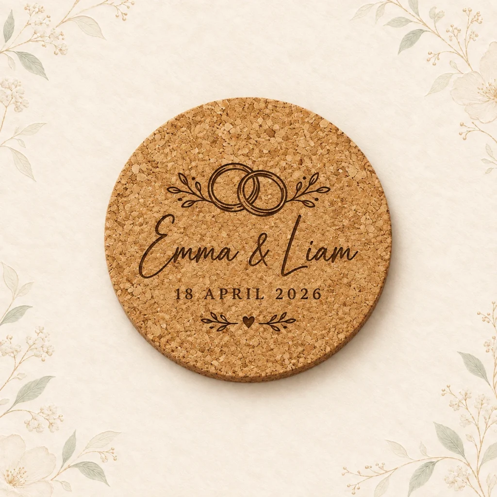 Round cork coaster for Emma and Liam dated 18 April 2026
