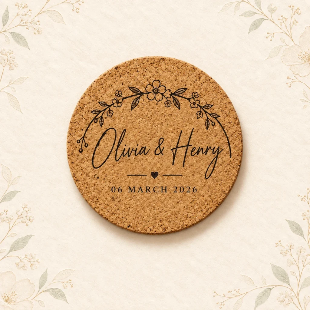 Round cork coaster for Olivia and Henry dated 6 March 2026