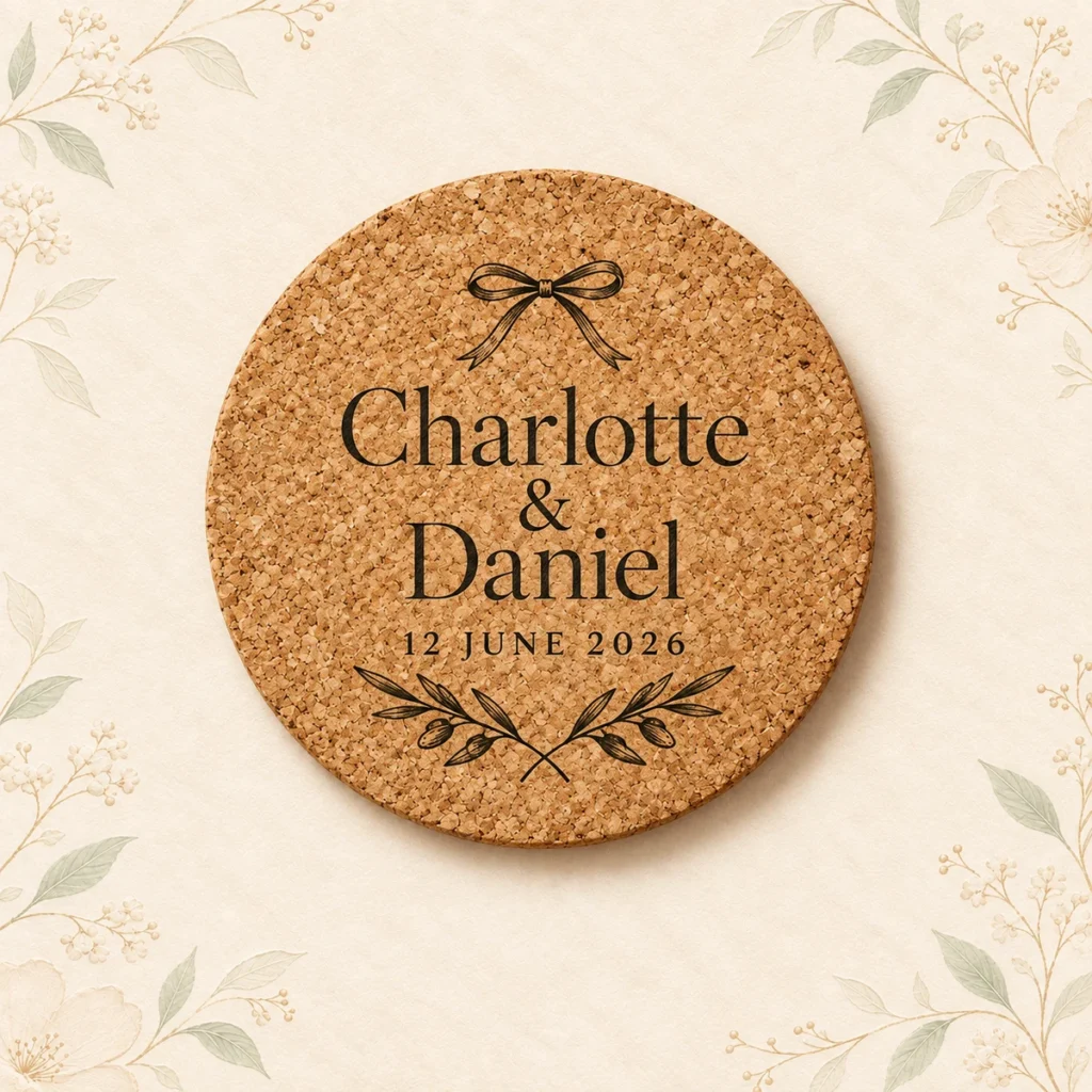 Round cork coaster for Charlotte and Daniel dated 12 June 2026
