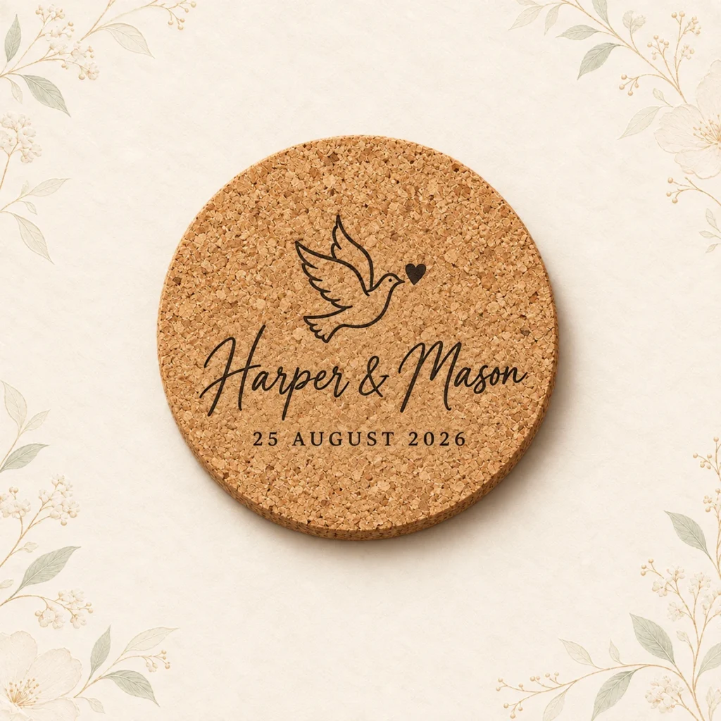 Round cork coaster for Harper and Mason dated 25 August 2026