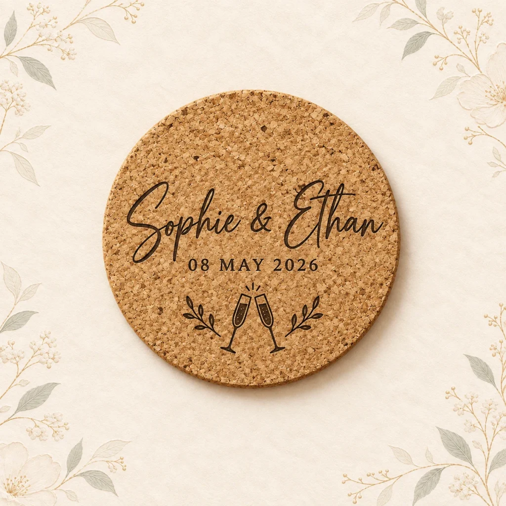 Round cork coaster for Sophie and Ethan dated 8 May 2026