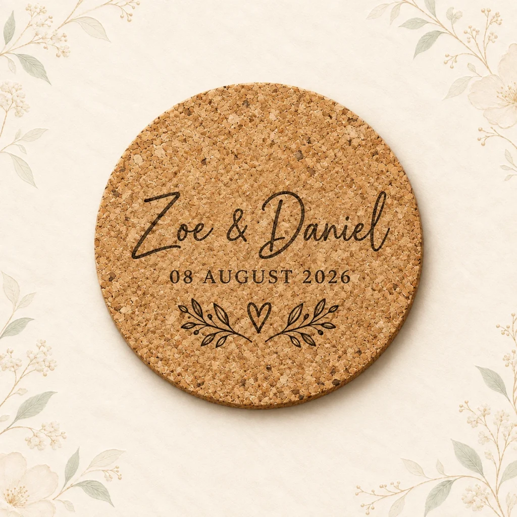 Round cork coaster for Zoe and Daniel dated 8 August 2026