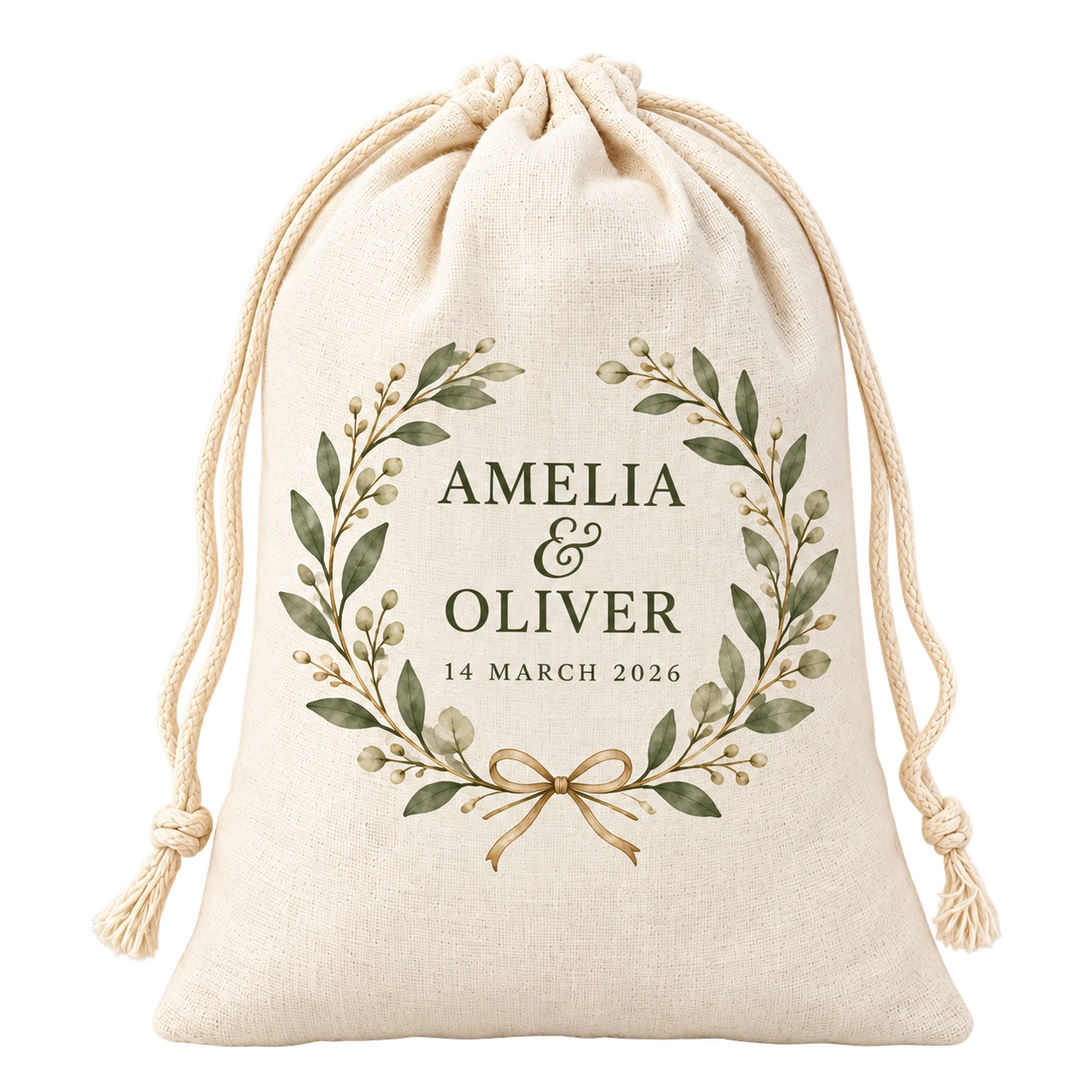 Cotton favor bag for Amelia and Oliver dated 14 March 2026