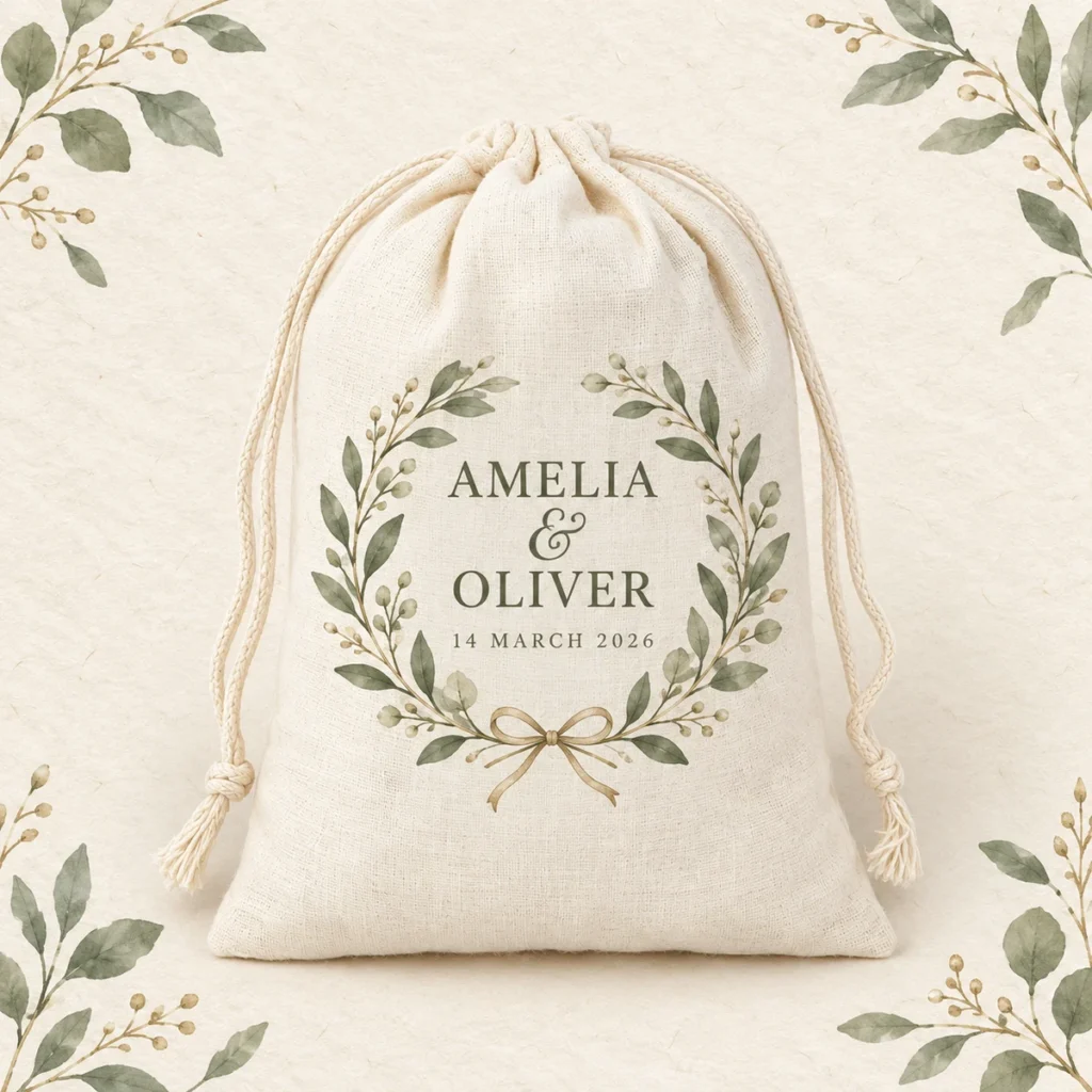Cotton favor bag for Amelia and Oliver dated 14 March 2026