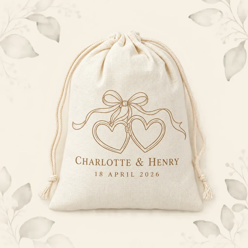 Cotton favor bag for Charlotte and Henry dated 18 April 2026