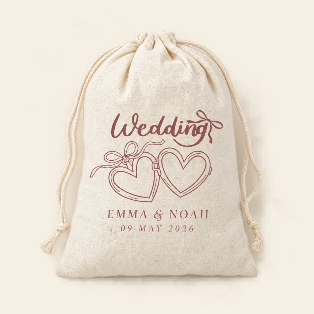 Cotton favor bag for Emma and Noah dated 9 May 2026
