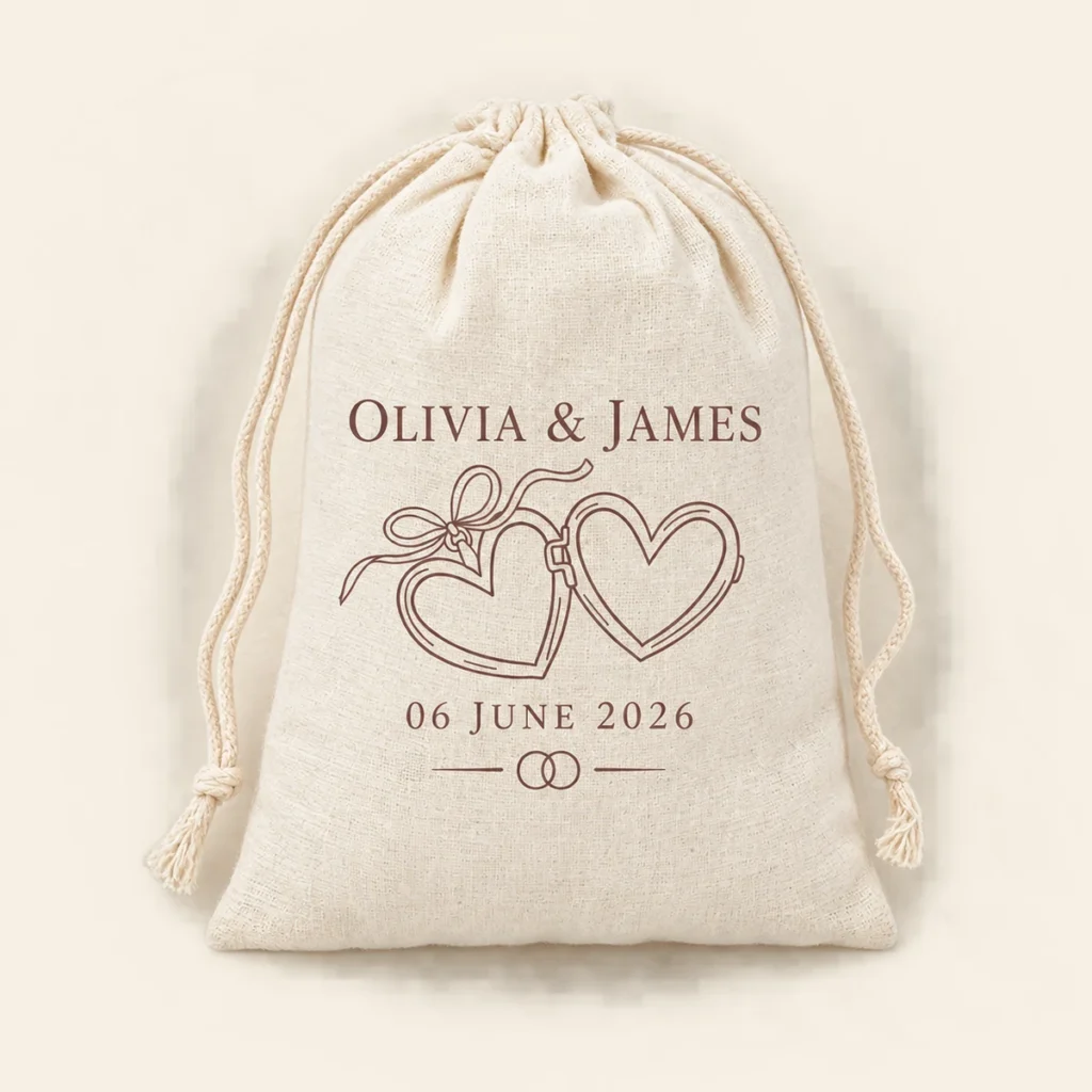 Cotton favor bag for Olivia and James dated 6 June 2026