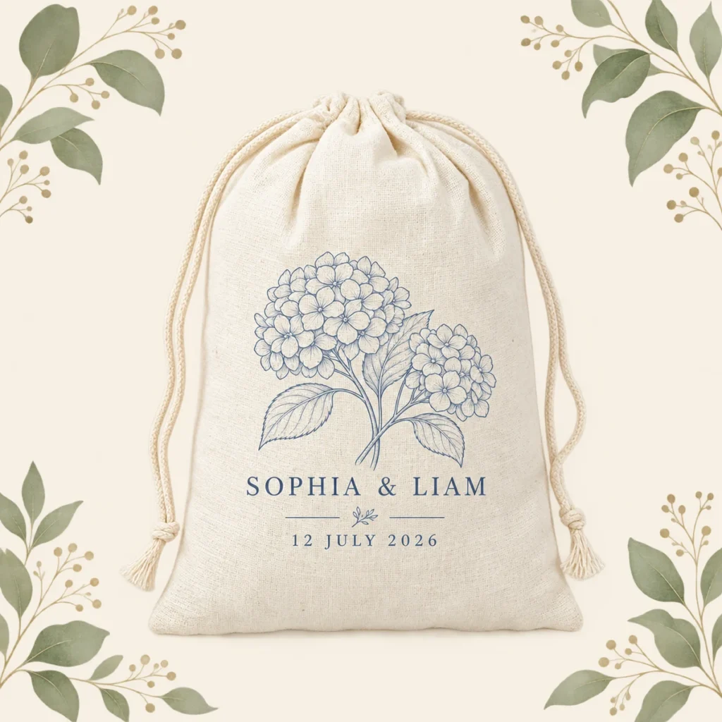 Cotton favor bag for Sophia and Liam dated 12 July 2026