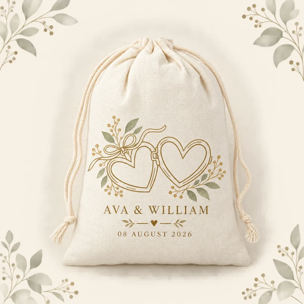 Cotton favor bag for Ava and William dated 8 August 2026