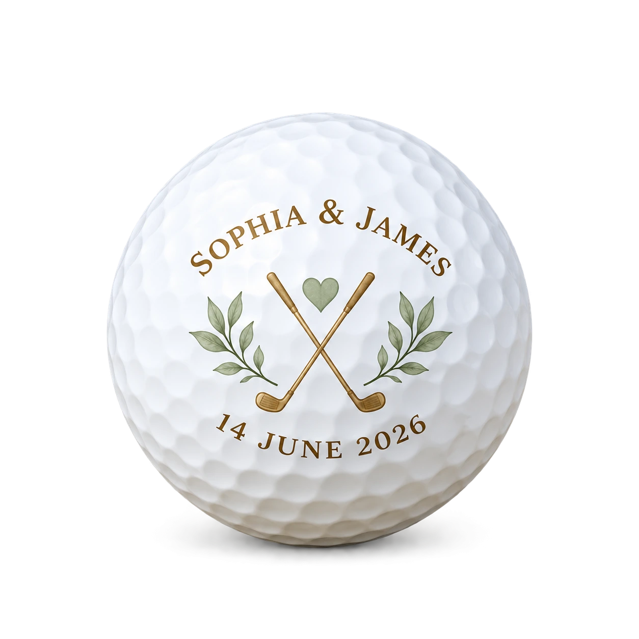 Wedding golf ball for Sophia and James dated 14 June 2026