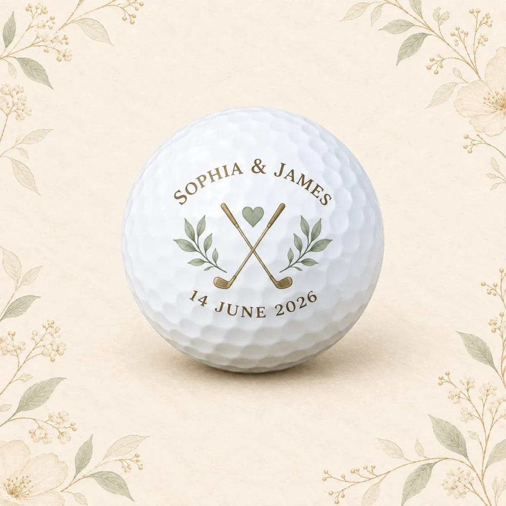 Wedding golf ball for Sophia and James dated 14 June 2026