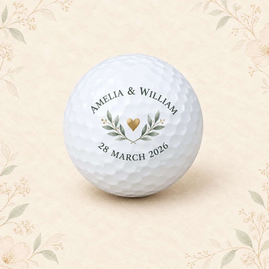 Wedding golf ball for Amelia and William dated 28 March 2026
