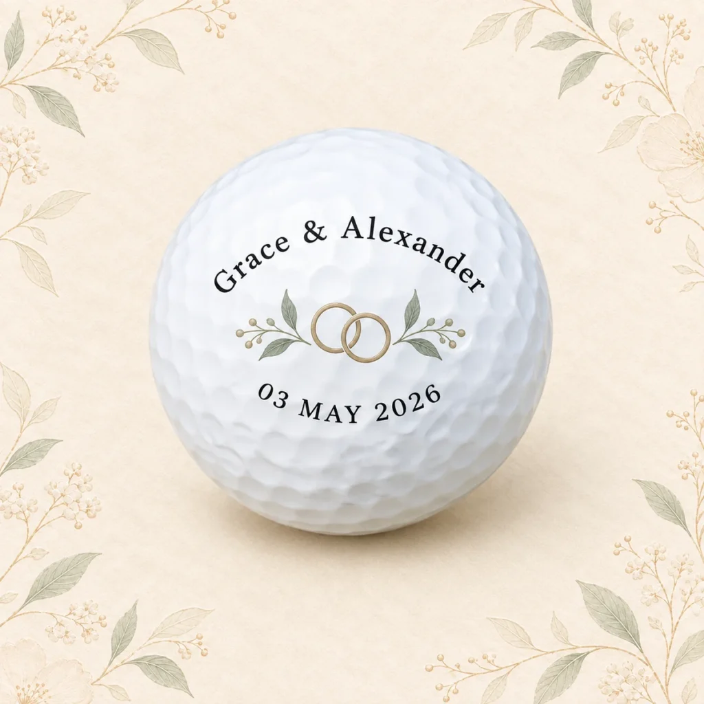 Wedding golf ball for Grace and Alexander dated 3 May 2026