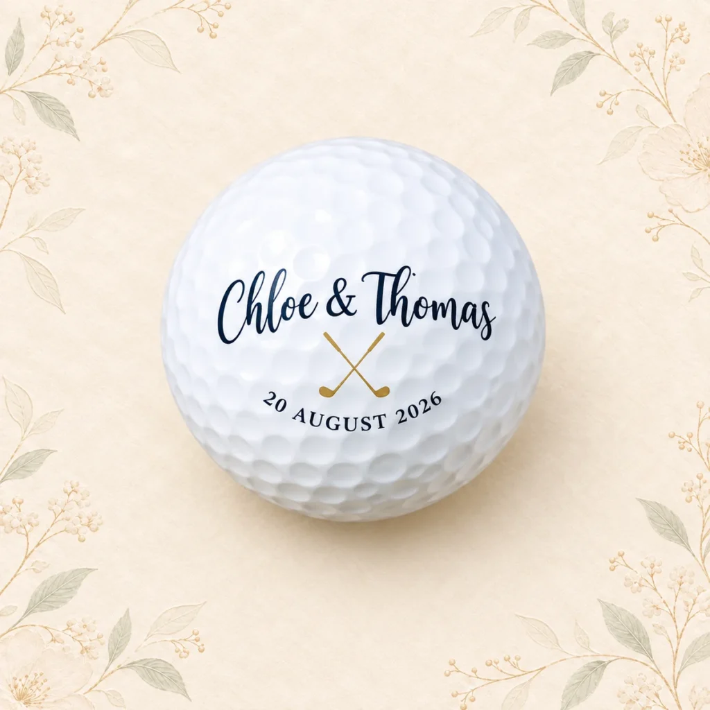 Wedding golf ball for Chloe and Thomas dated 20 August 2026