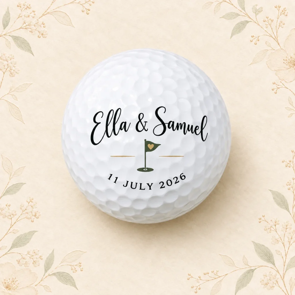 Wedding golf ball for Ella and Samuel dated 11 July 2026