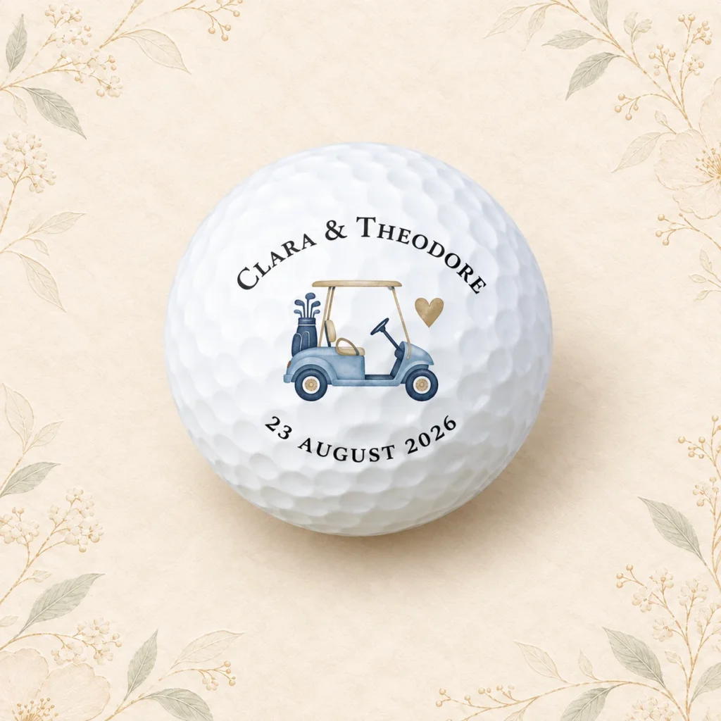 Wedding golf ball for Clara and Theodore dated 23 August 2026