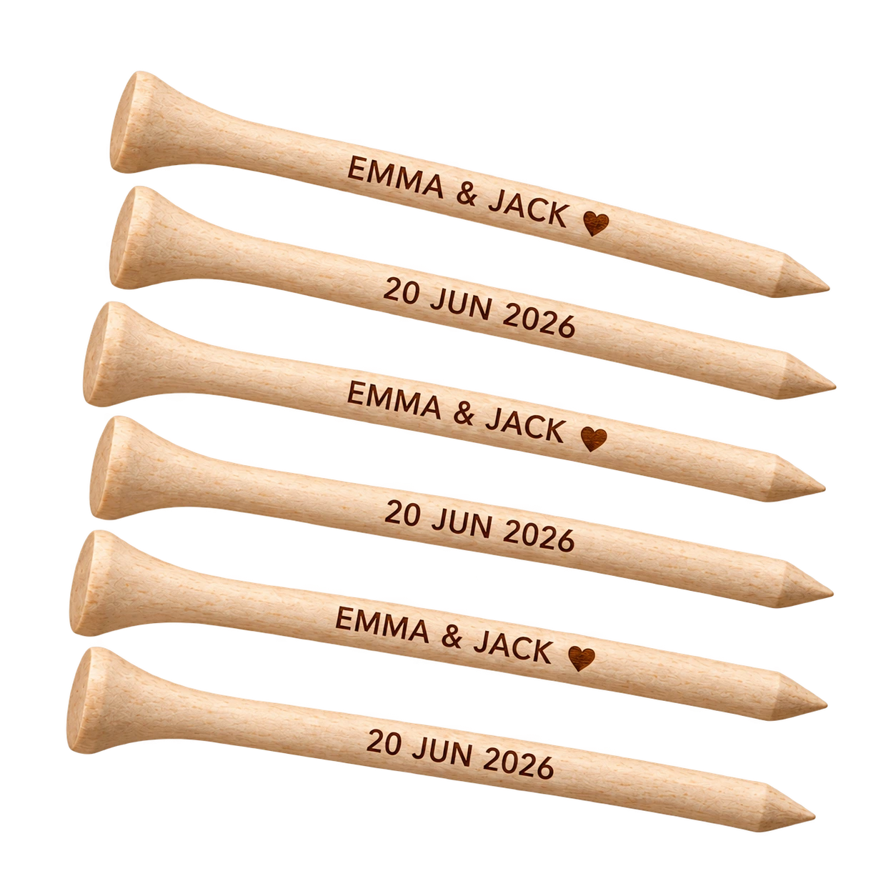 Natural wood wedding golf tees for Emma and Jack