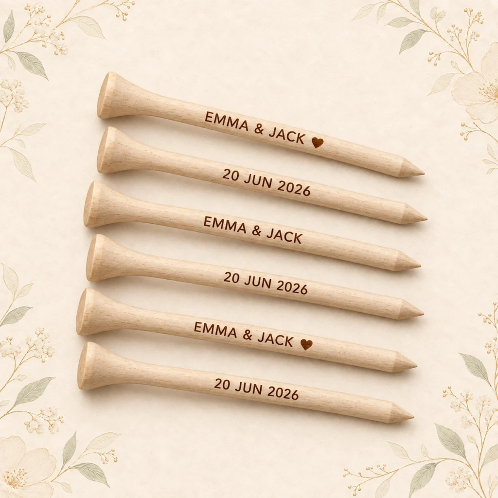 Natural wood wedding golf tees for Emma and Jack