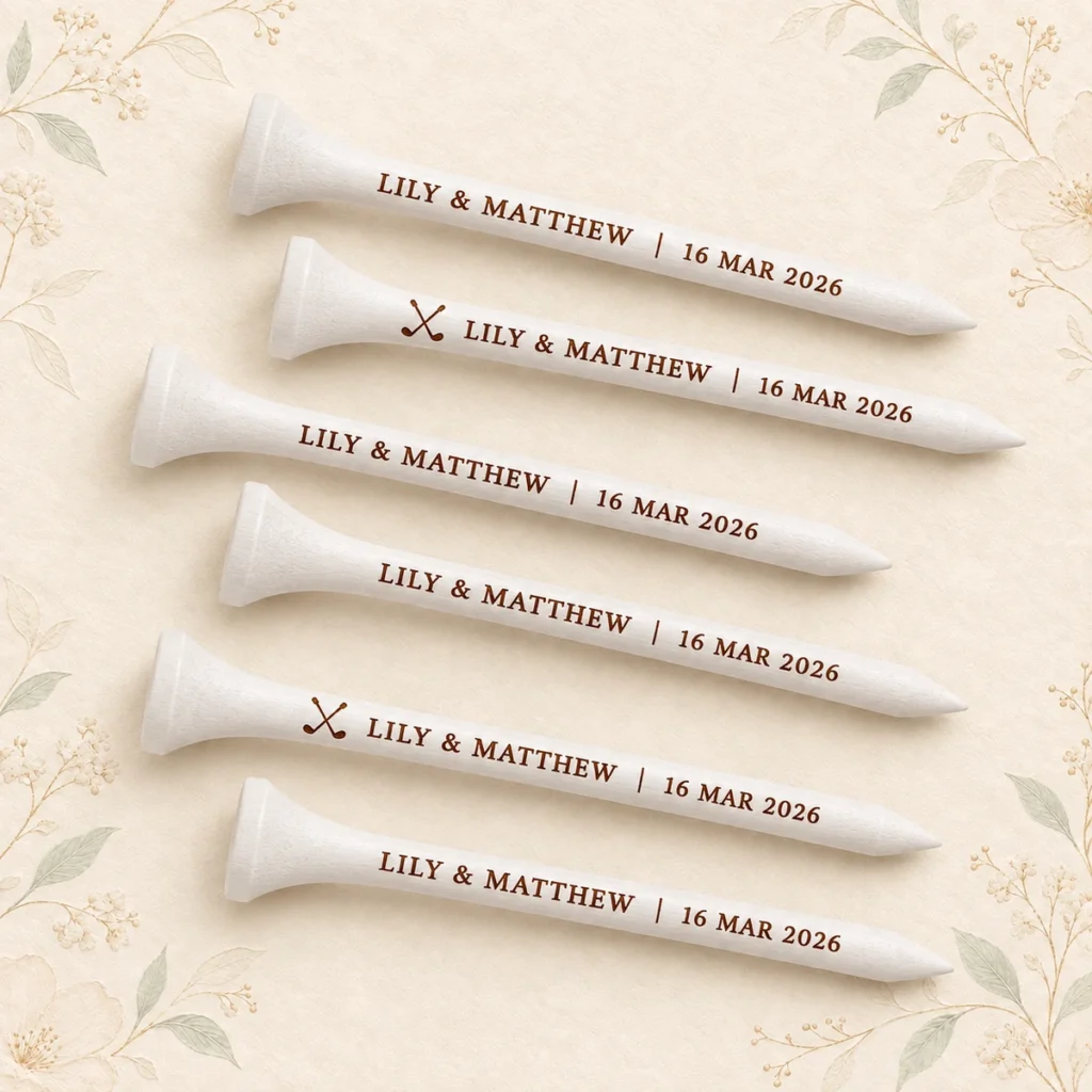 White personalized wedding golf tees for Lily and Matthew