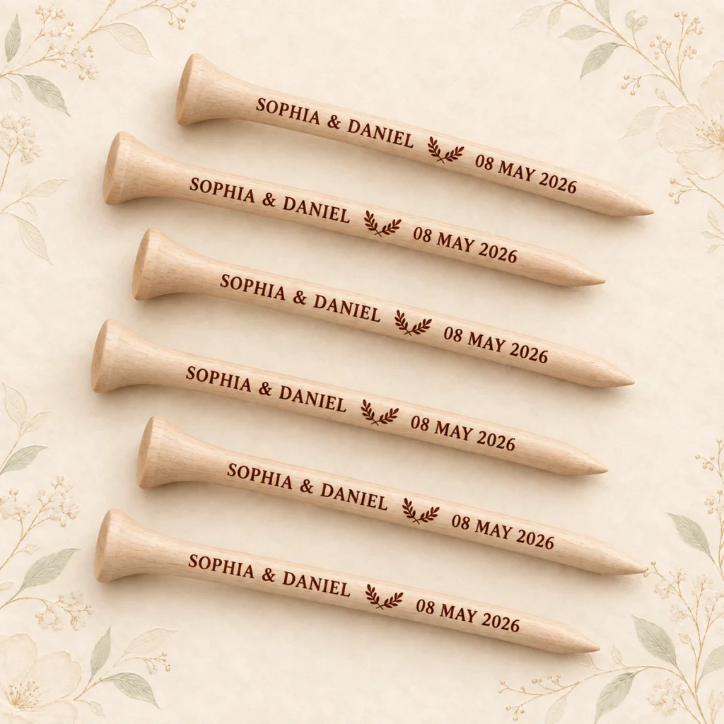 Natural personalized golf tees for Sophia and Daniel