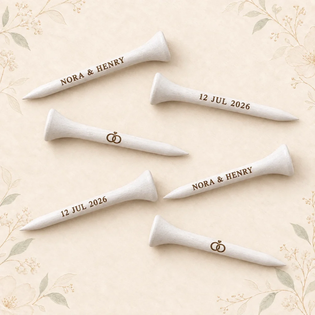 White personalized wedding golf tees for Nora and Henry