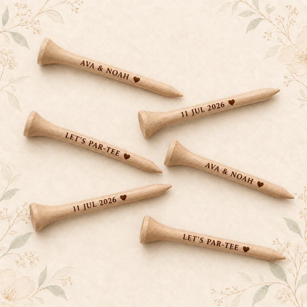 Natural personalized golf tees for Ava and Noah