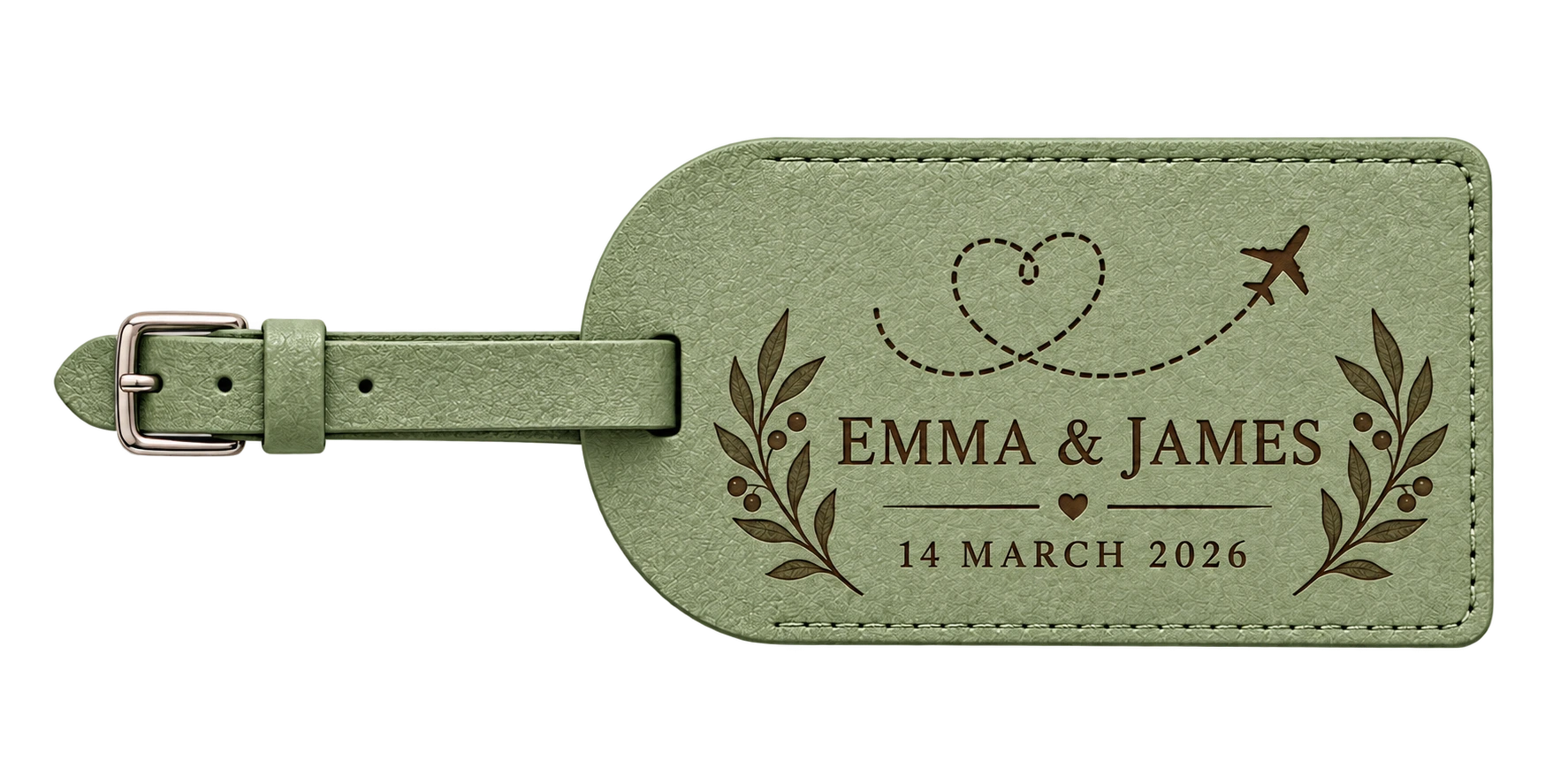 Sage green personalized wedding luggage tag for Emma and James