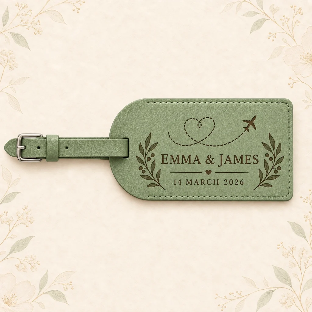 Sage green personalized wedding luggage tag for Emma and James