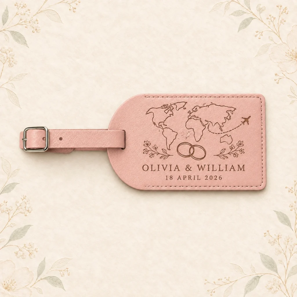 Blush pink personalized wedding luggage tag for Olivia and William