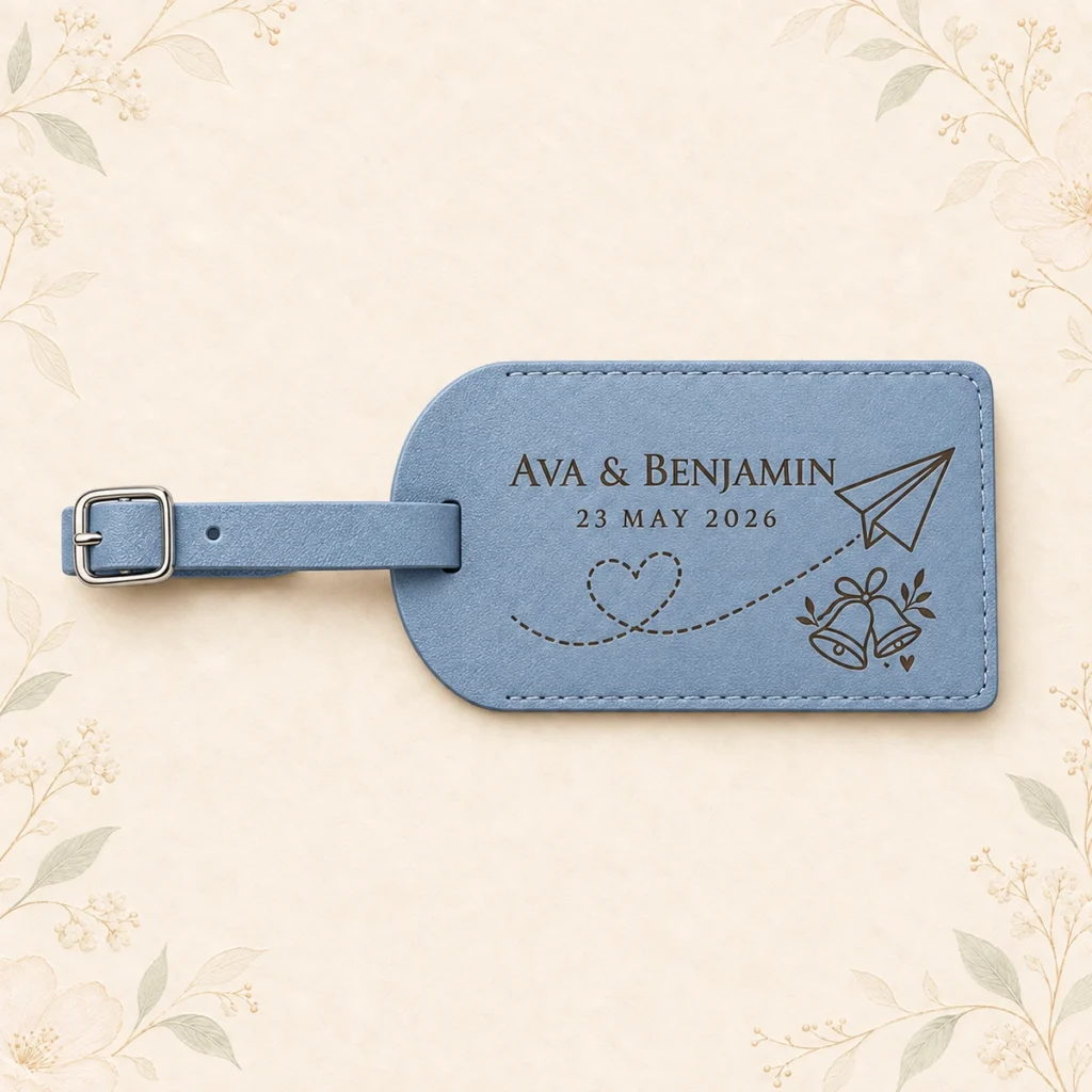 Dusty blue personalized wedding luggage tag for Ava and Benjamin