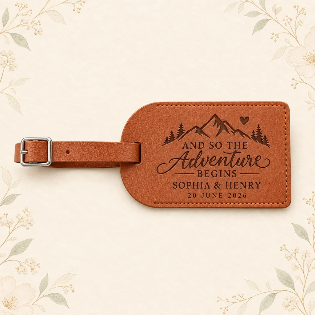 Cognac personalized wedding luggage tag for Sophia and Henry