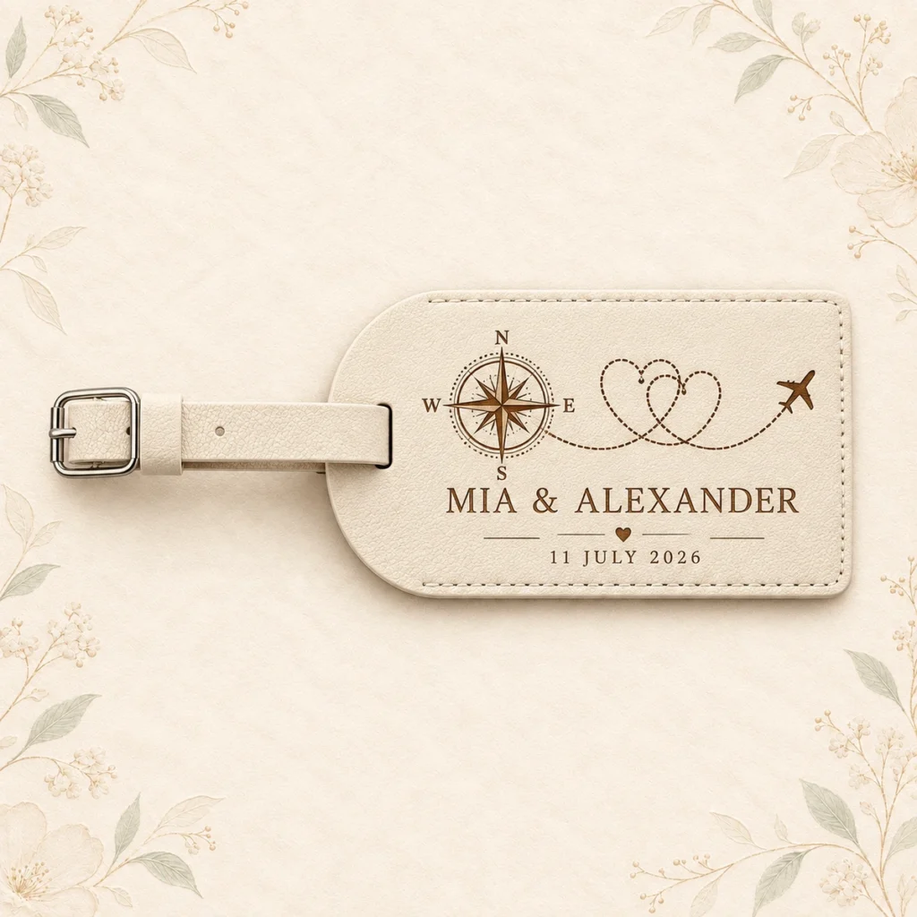 Ivory personalized wedding luggage tag for Mia and Alexander
