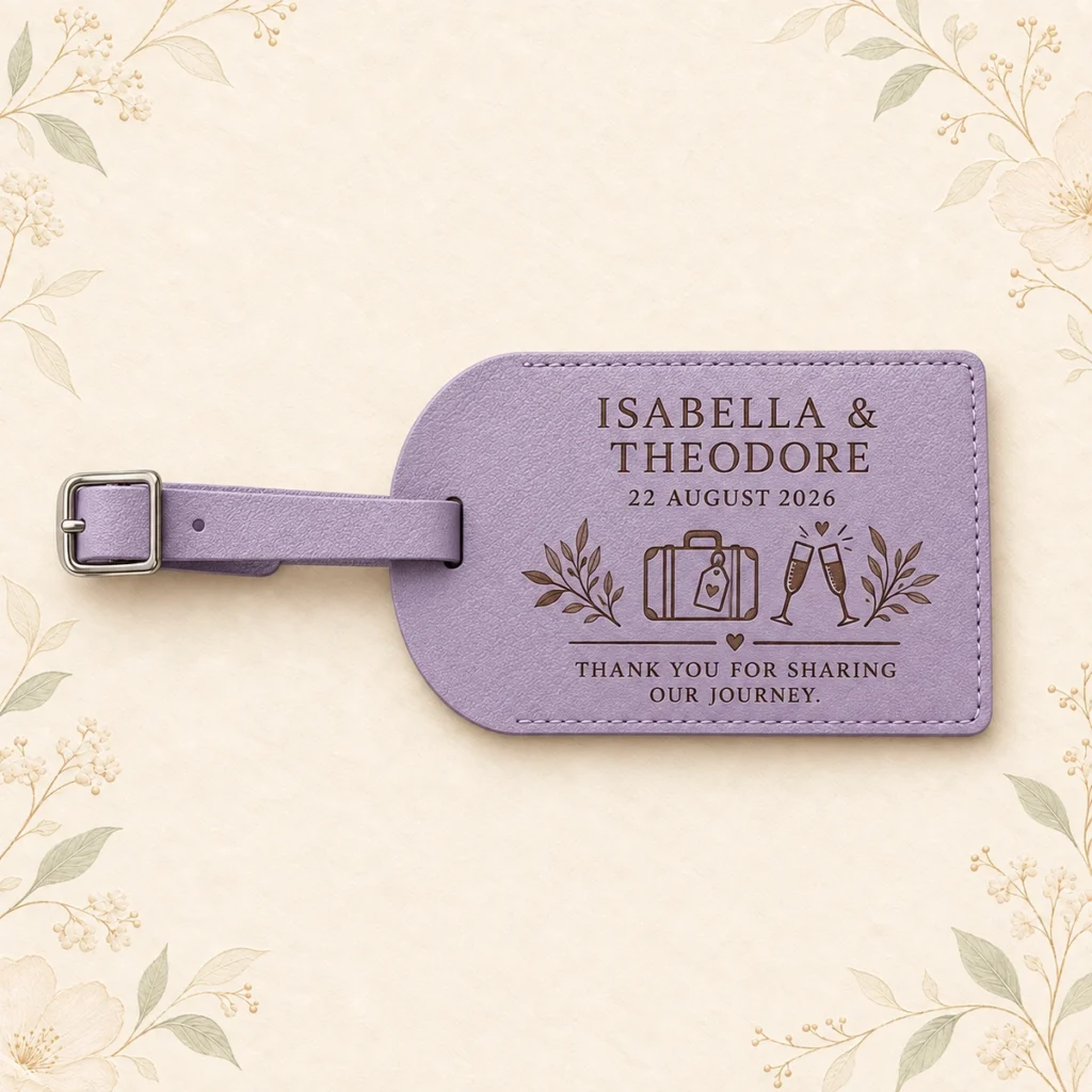 Lavender personalized wedding luggage tag for Isabella and Theodore