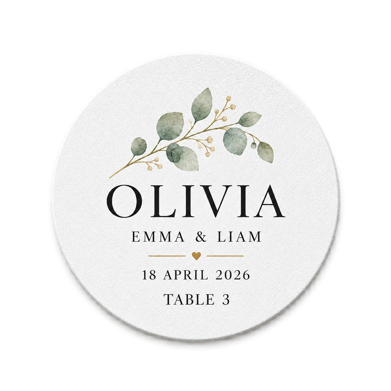Round wedding place-card coaster for guest Olivia at Emma and Liam’s reception