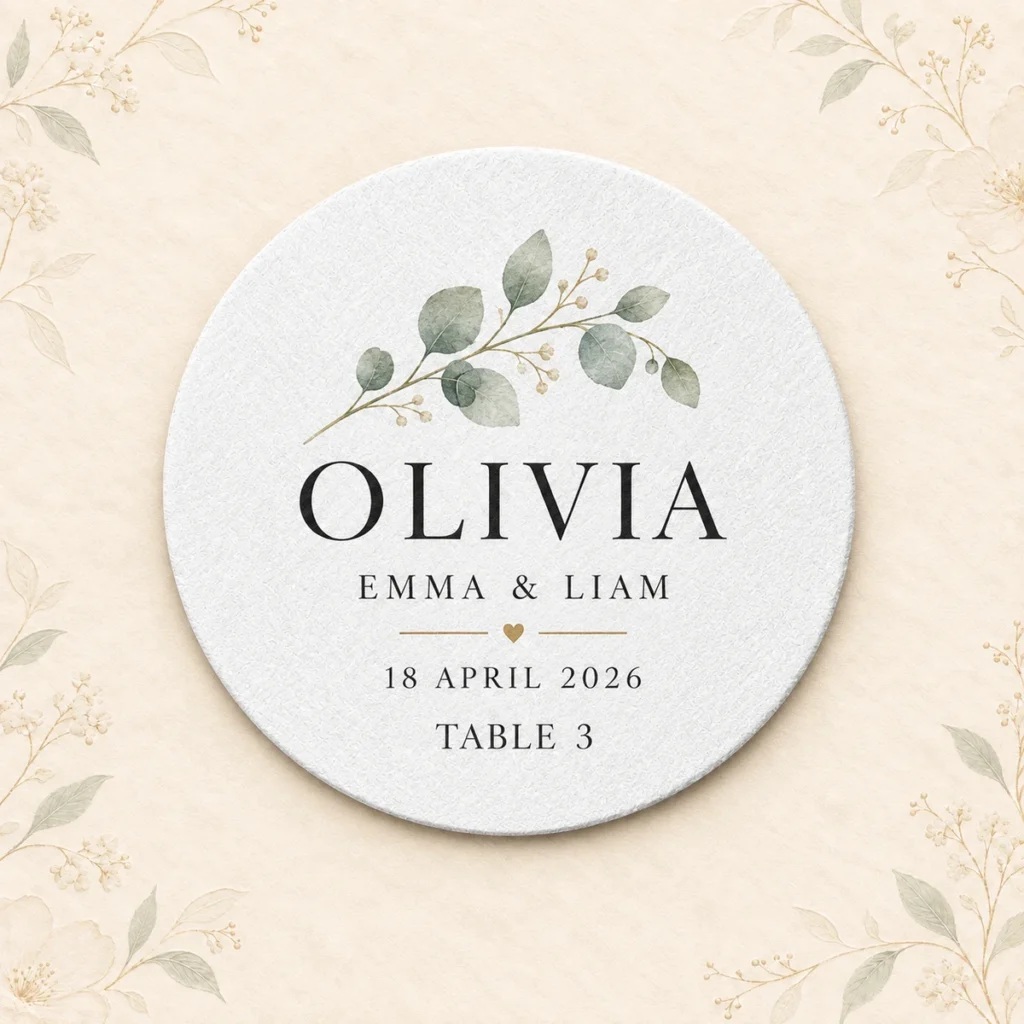 Round wedding place-card coaster for guest Olivia at Emma and Liam’s reception
