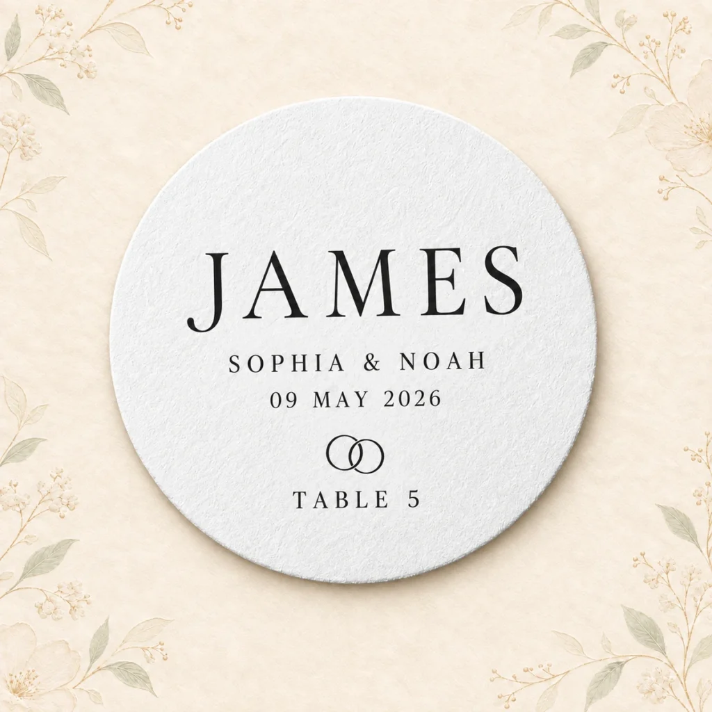 Round wedding place-card coaster for guest James at Sophia and Noah’s reception